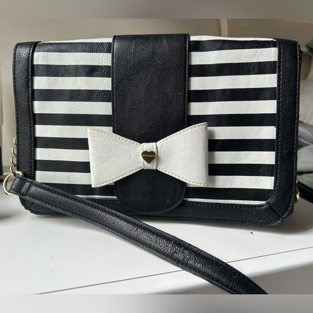 Betsey Johnson Bow Black & White Striped Crossbody Bag